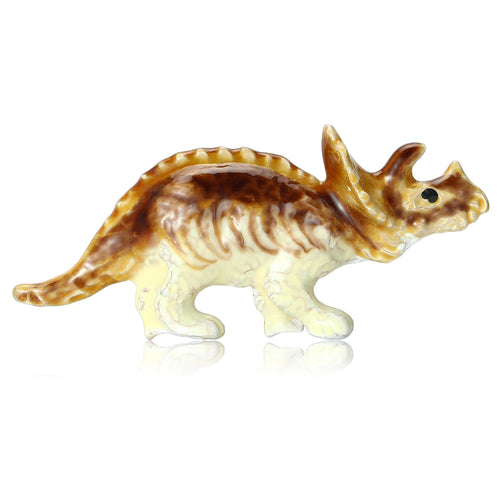 Front view of the triceratops brooch showing a striped triceratops with glossy enamel coloring