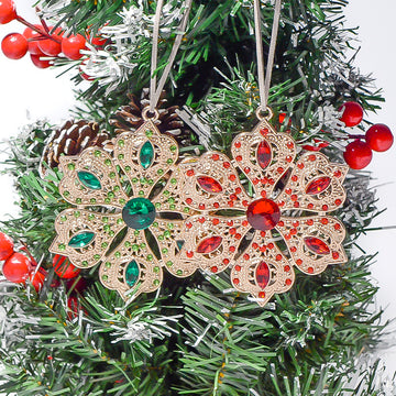 Six Petal Rhinestone Snowflake Ornament Green Red Clear