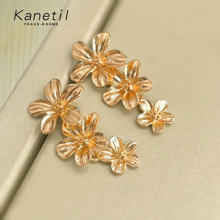 Gold Cascading Triple Flower Long Drop Earrings Pair
