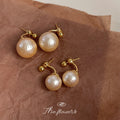 Gold Tone White Cotton Pearl Drop Stud Earrings In Two Sizes view 1