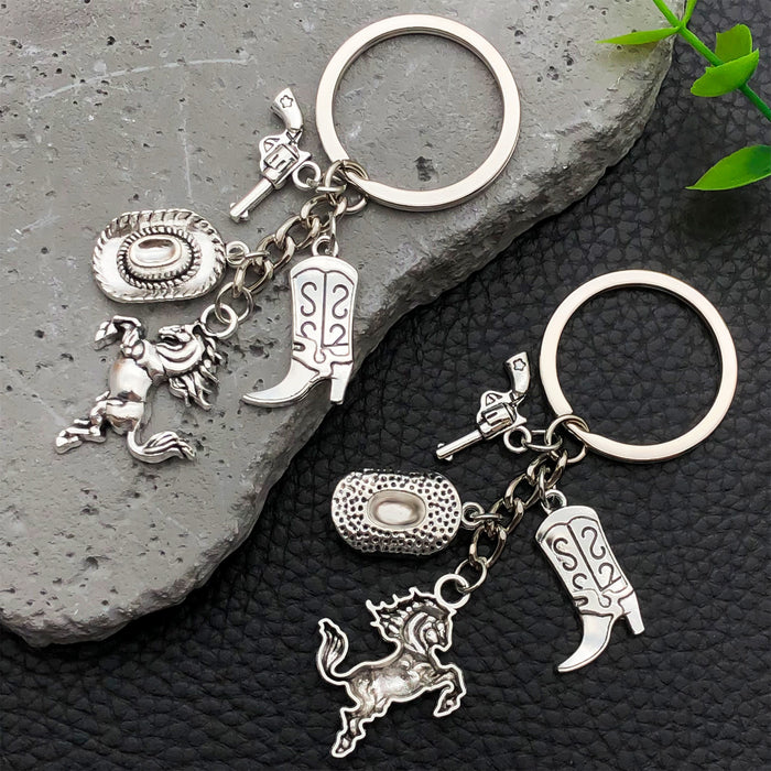 Antique Silver Western Hat Boot and Pistol Keychain Pair