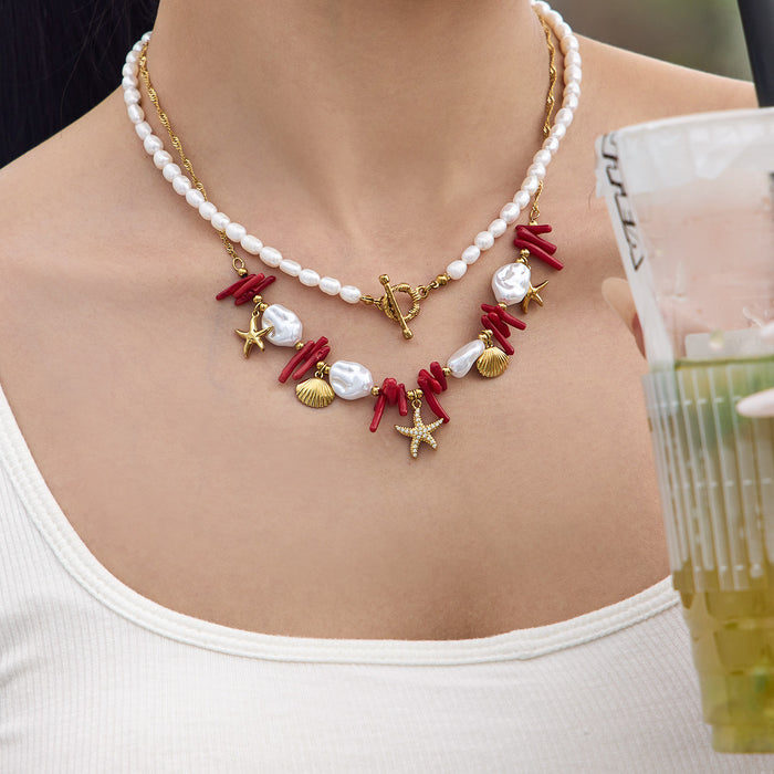 Gold 316L Stainless Ocean Charm Pearl Layered Necklace Two Styles