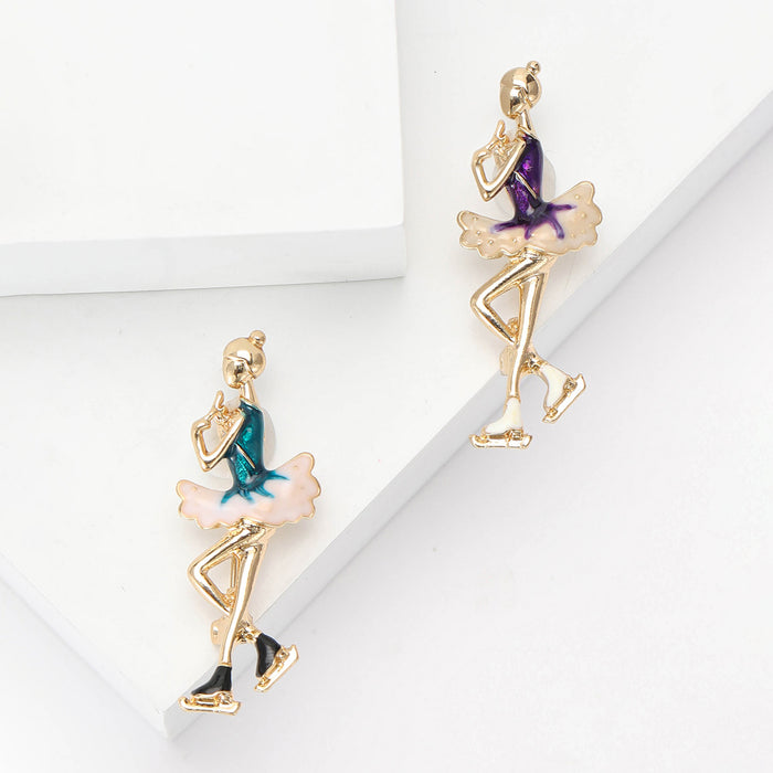Ice Skating Girl Enamel Brooch in Blue Green or Purple