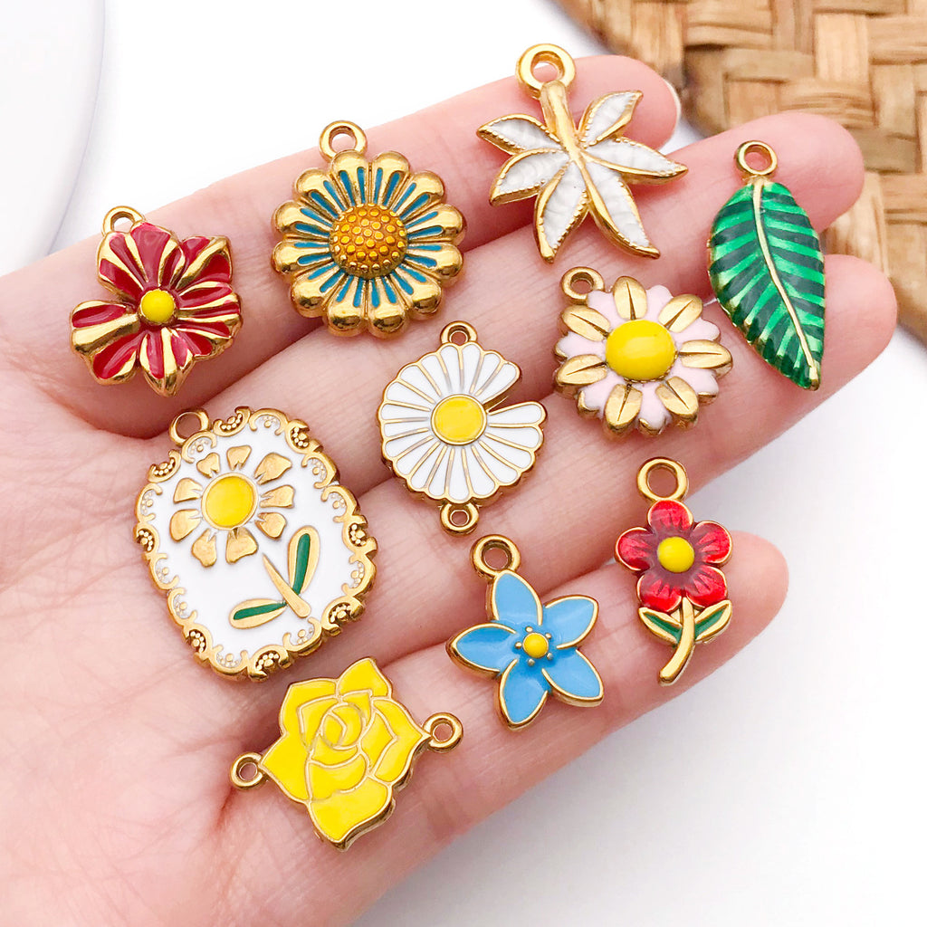 Enamel Stainless Steel Flower Leaf Daisy Charm Pendant for DIY Bracelet Necklace Jewelry