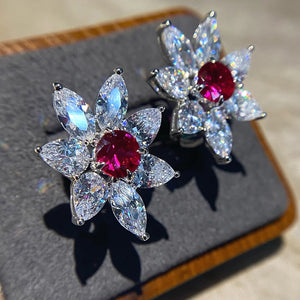 White Gold Red Center Marquise Flower Stud Earrings