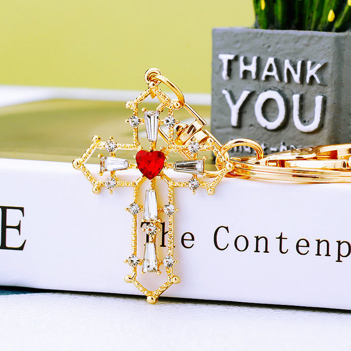 Pearl Cross and Red Heart Gem Cross Gold Tone Keychains