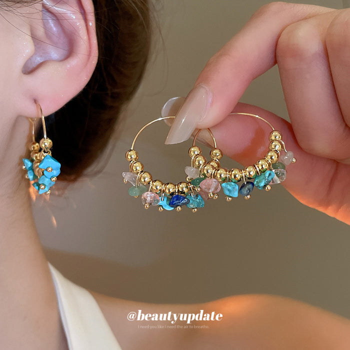 Stone Chip Beaded Hoop Earrings In Blue And Multicolor