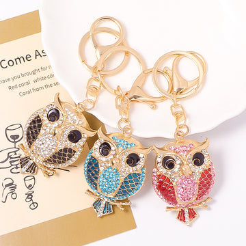 Rhinestone Owl Bird Metal Keychain Gold Clasp Enamel Wings