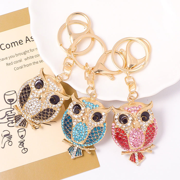 Rhinestone Owl Bird Metal Keychain Gold Clasp Enamel Wings