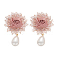Pink Fabric Flower Stud Earrings With Pearl Drops Statement Pair view 5