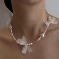 White Lace Bow and Pearl Chain Statement Necklace Fashion Jewelry view 2
