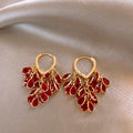Red Teardrop Cluster Earrings With Gold Tone Open Hoops view 3