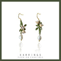 Gold Tone Green Branch White Flower And Pearl Hook Earrings view 4