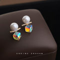 Gold Pearl Stud Crystal Bar Iridescent Cube Drop Earrings view 1