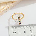 Gold Tone Pearl and Multicolor Crystal Bar Adjustable Open Ring view 2