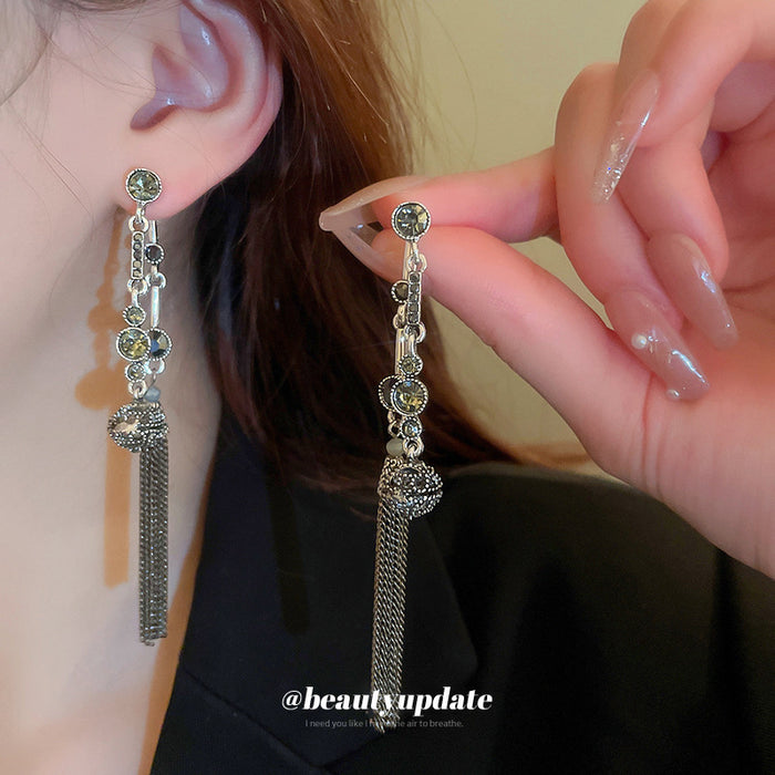 Antique Silver Tone Ball and Tassel Drop Earrings with Polished Metal Accents