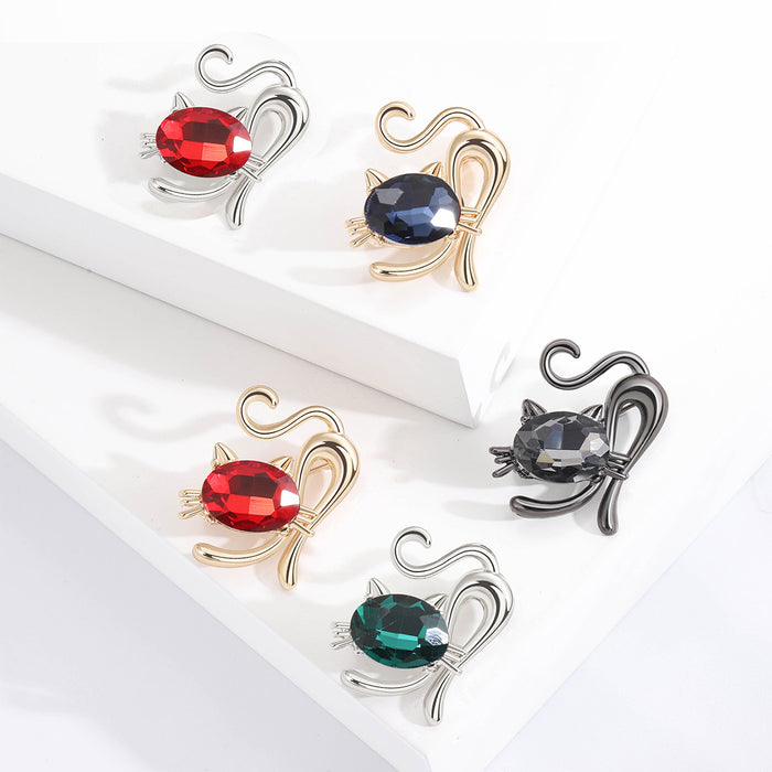 Crystal Cat Brooch Blue Red Green Black Five Styles