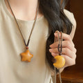 Wood Crescent Moon Pendant Cord Necklace Brown Beige view 1