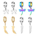 Stainless Steel Dragonfly Star Bow and Feather Huggie Earrings view 5