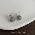 Silver Tone Clear Stone Crown And Gray Pearl Stud Earrings view 3