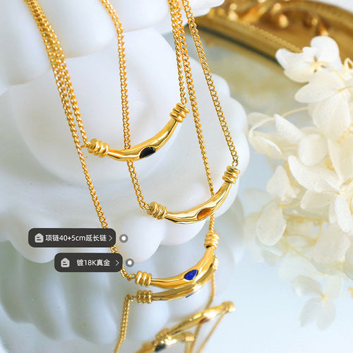 Three gold bar necklaces with stones flat with length labels