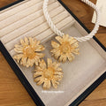 Gold Textured Daisy Flower Earrings Twisted Rope Choker Necklace view 2