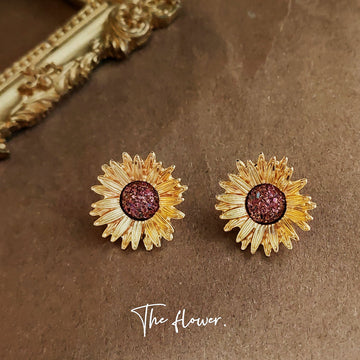 Gold Tone Sunflower Stud Earrings With Burgundy Glitter Round Centers