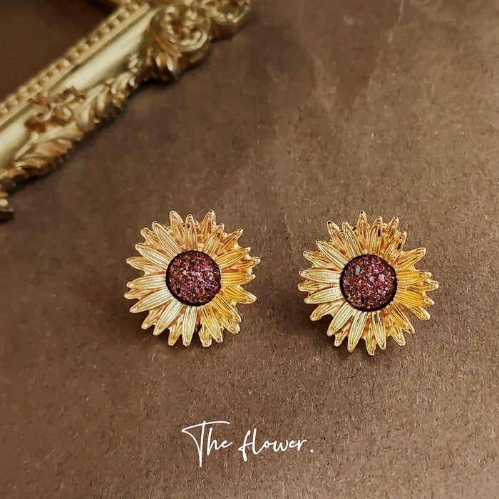 Gold Tone Sunflower Stud Earrings With Burgundy Glitter Round Centers