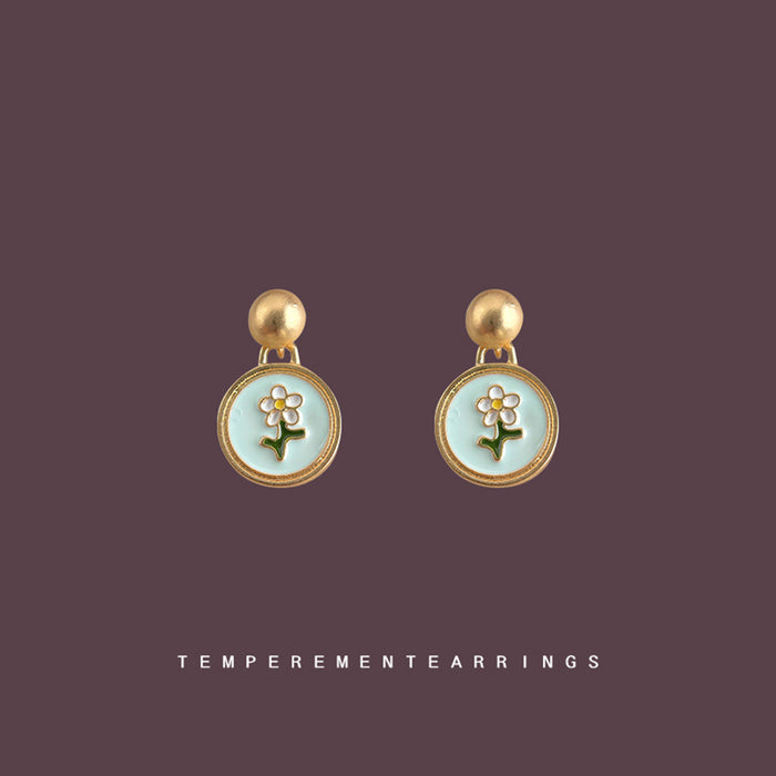 Gold Ball Post Mint Enamel Daisy Disc Drop Earrings