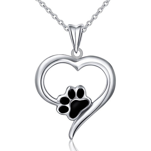 Front product view of silver tone heart and black paw print pendant necklace