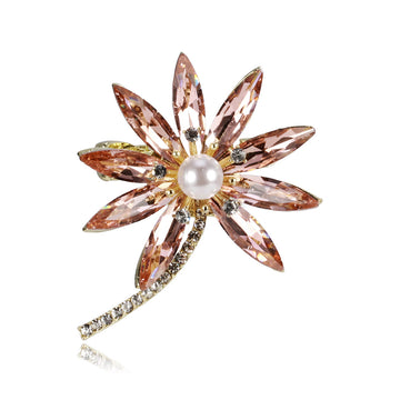 Pink Gold Tone Leaf Crystal Pearl Look Metal Brooch Pin