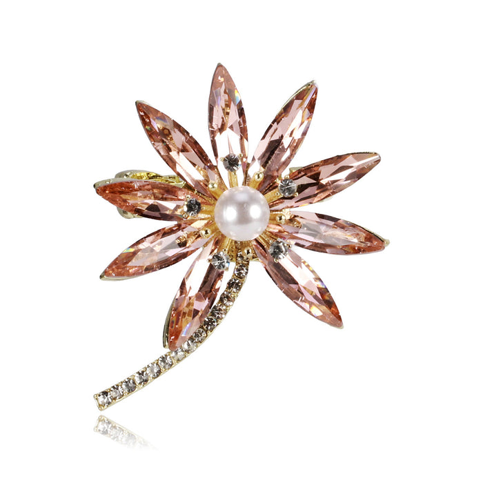 Pink Gold Tone Leaf Crystal Pearl Look Metal Brooch Pin