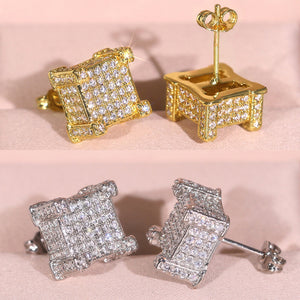 Square Pavé Stone Stud Earrings in Gold and Silver Tones
