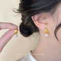 Brushed Gold Tone Asymmetric Pearl Drop Stud Earrings view 2