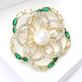 Round Floral Brooch With Green Crystal Border and Pearl Center view 4