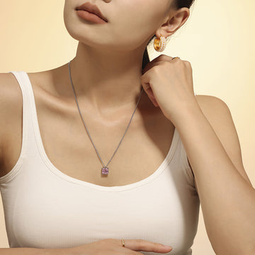 Steel Square Pink Zircon Pendant Curb Chain Necklace