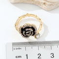 Gold Tone Black Enamel Rose Crystal Adjustable Open Ring view 3