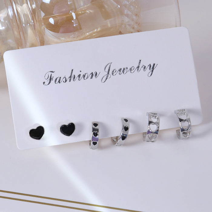 Black Heart Silver Huggie Five Pair Mixed Earring Set