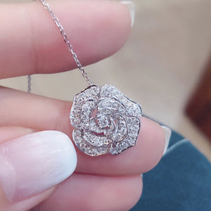 Sculpted Pave Rose Flower Pendant Necklace In Polished Silver Tone
