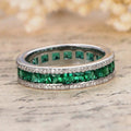 Green Square Stone Channel Eternity Band In Silver Tone view 2