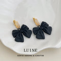 Gold-Tone Pave Huggie Black Matte Bow Drop Earrings view 6