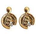 Gold Olive You Coin Stud Earrings Clear Stone Accents view 5