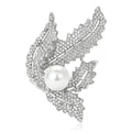 Silver Tone Crystal Leaf Brooch with White Faux Pearl view 1