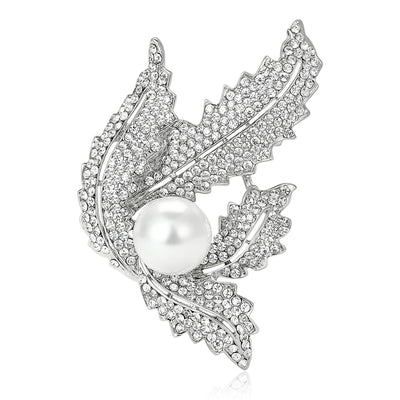 Silver Tone Crystal Leaf brooch shown in front product view