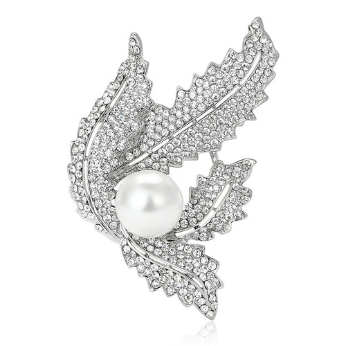 Silver Tone Crystal Leaf brooch shown in front product view