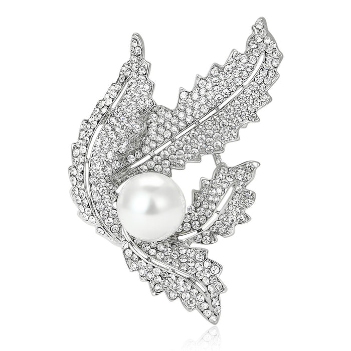 Silver Tone Crystal Leaf Brooch with White Faux Pearl