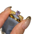 Gold Textured Oval Purple Stone Ring Pavé Side Band view 5