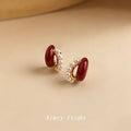 Gold Tone Burgundy Irregular Stone White Pearl Edge Stud Earrings view 3