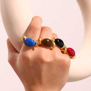 Oval Resin Open Rings Gold Steel Band Multicolor Stones