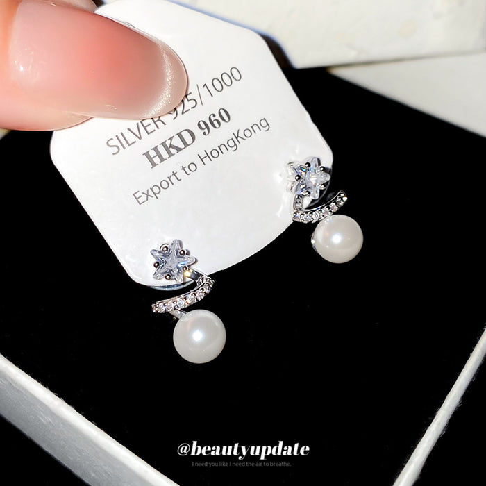 Silver Crystal Star and Pearl Drop Stud Earrings Fashion Jewelry